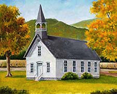 BETHEL PRESBYTERIAN CHURCH 



 - Dominic De Paolo's artfully painted oil piece of the exterior of the historic Bethel Presbyterian Church as it looked in its original white-clapboard appearance prior to 1964 when the church underwent a remodeling that included an added brick façade. De Paolo has been a freelance artist for more than 40 years, was an illustrator with the U.S. Navy, college professor, and currently owner of Long Grove Art School.  Bethel Presbyterian Church was established in 1834, and the Reverend Jesse Stalcup built the structure in 1885.  Today the church is Bethel Rural Community Organization's community center.